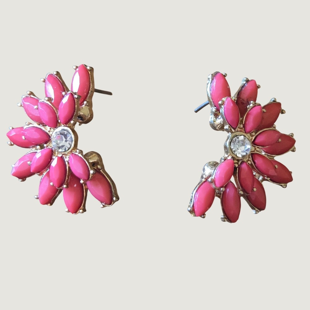 Pink Floral Marquise Faux Stone Gold Tone Statement Ear Crawler Earrings Boho
